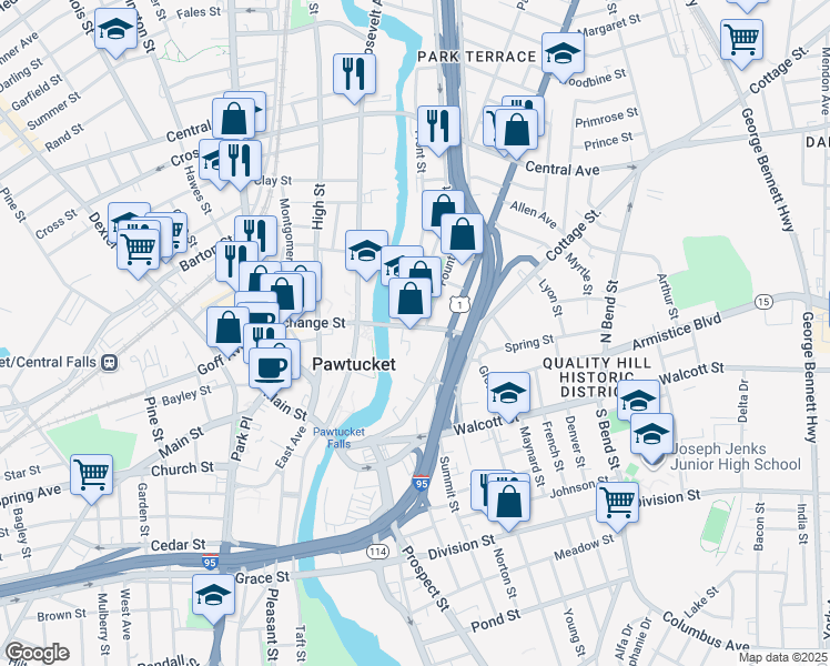 map of restaurants, bars, coffee shops, grocery stores, and more near in Pawtucket