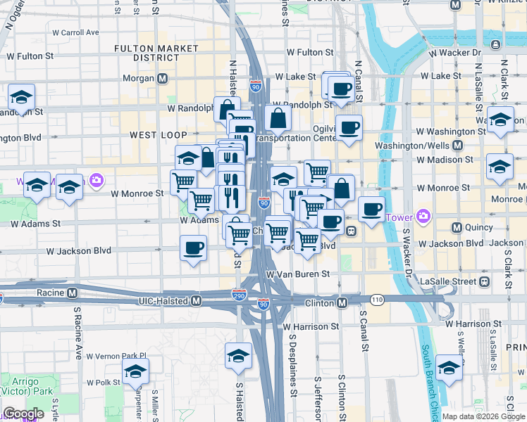 map of restaurants, bars, coffee shops, grocery stores, and more near 742 West Adams Street in Chicago