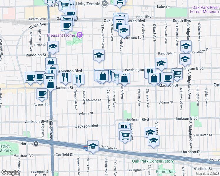 map of restaurants, bars, coffee shops, grocery stores, and more near 848 Madison Street in Oak Park