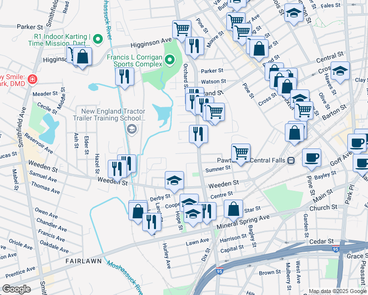 map of restaurants, bars, coffee shops, grocery stores, and more near 48 Ivy Street in Pawtucket