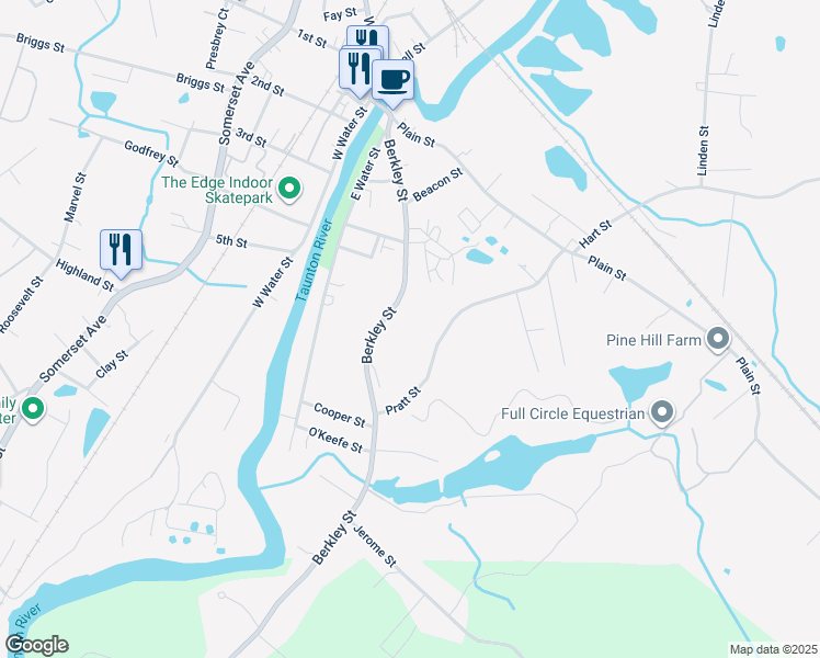 map of restaurants, bars, coffee shops, grocery stores, and more near 188 Berkley Street in Taunton