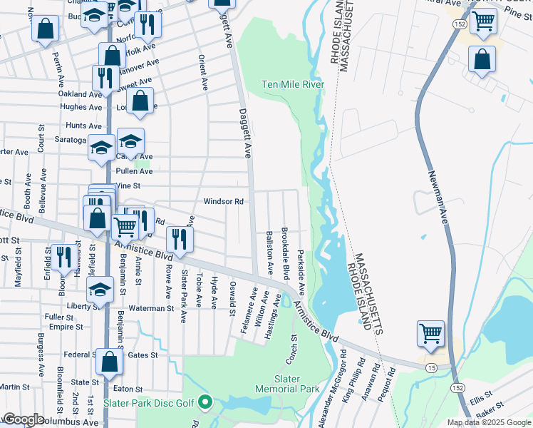 map of restaurants, bars, coffee shops, grocery stores, and more near 165 Ballston Avenue in Pawtucket