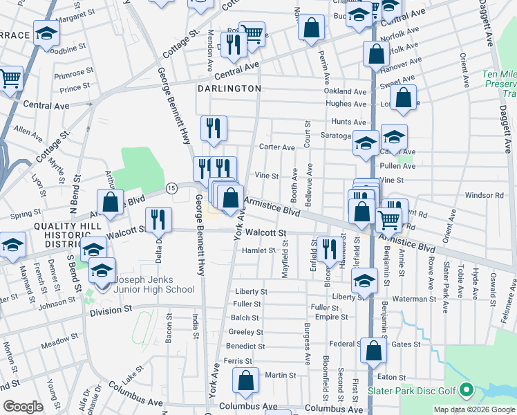 map of restaurants, bars, coffee shops, grocery stores, and more near 368 Armistice Boulevard in Pawtucket