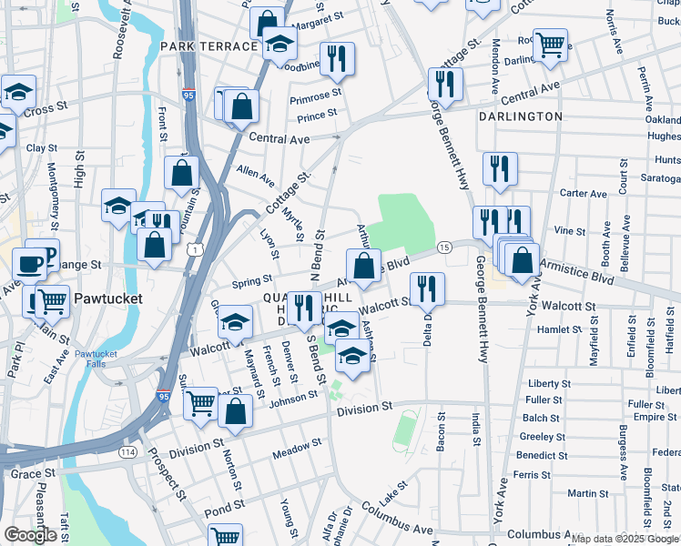 map of restaurants, bars, coffee shops, grocery stores, and more near 87 North Bend Street in Pawtucket