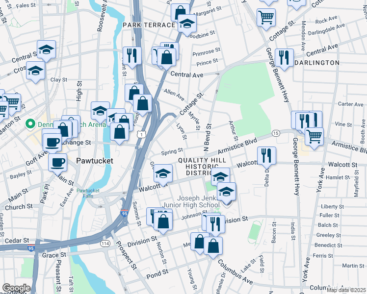 map of restaurants, bars, coffee shops, grocery stores, and more near 66 Lyon Street in Pawtucket