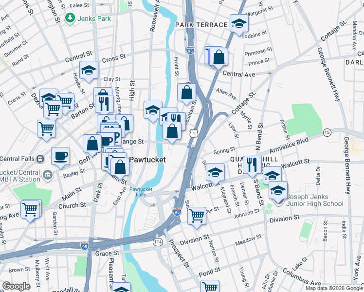 map of restaurants, bars, coffee shops, grocery stores, and more near 214 Broadway in Pawtucket