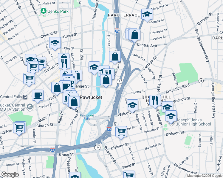map of restaurants, bars, coffee shops, grocery stores, and more near 214 Broadway in Pawtucket