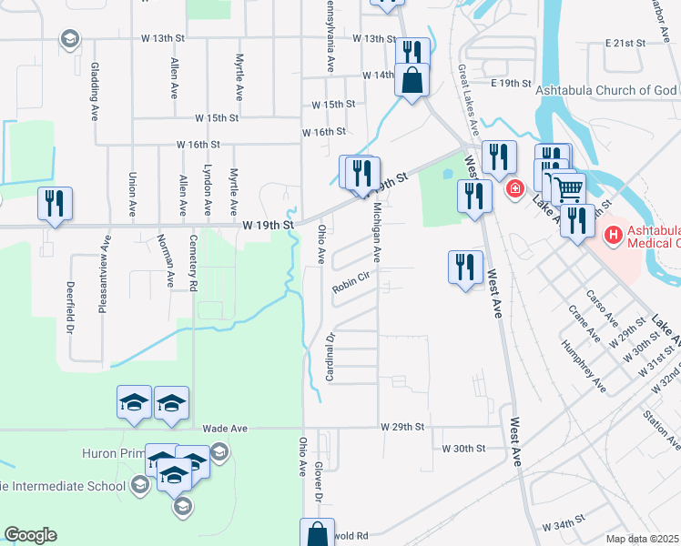 map of restaurants, bars, coffee shops, grocery stores, and more near 1726-1739 Blue Jay Cir in Ashtabula