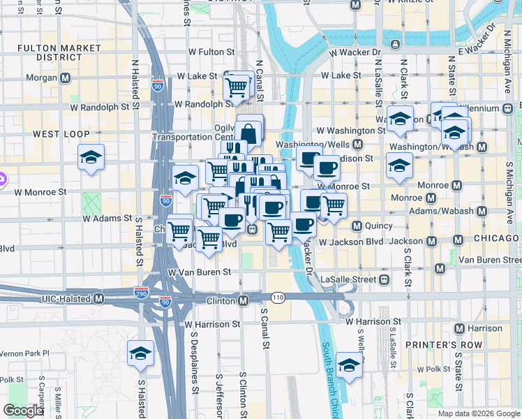 map of restaurants, bars, coffee shops, grocery stores, and more near in Chicago