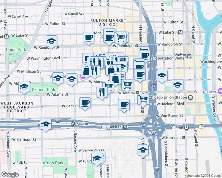 map of restaurants, bars, coffee shops, grocery stores, and more near in Chicago