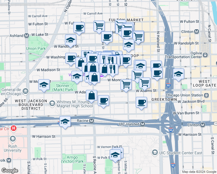 map of restaurants, bars, coffee shops, grocery stores, and more near 1117 West Monroe Street in Chicago