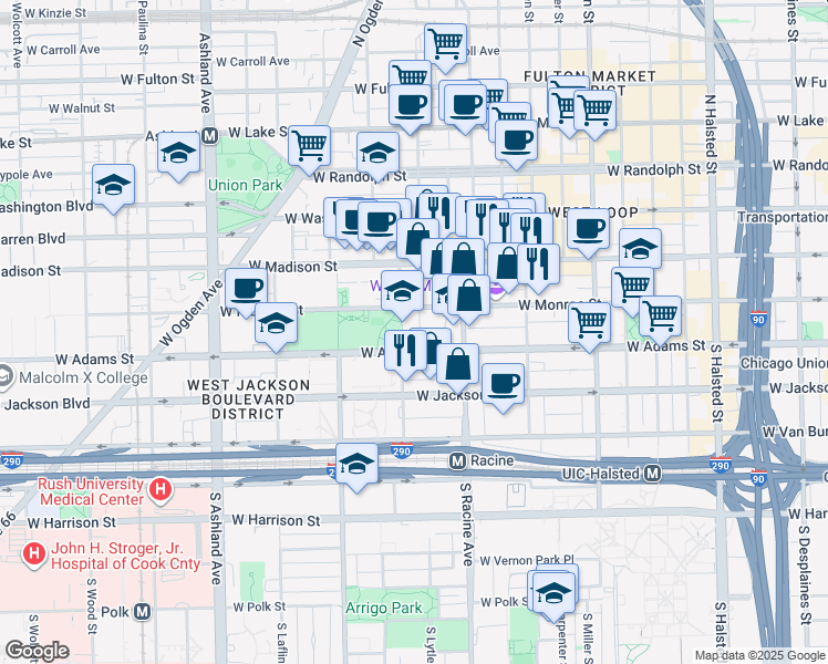 map of restaurants, bars, coffee shops, grocery stores, and more near 1233 West Monroe Street in Chicago