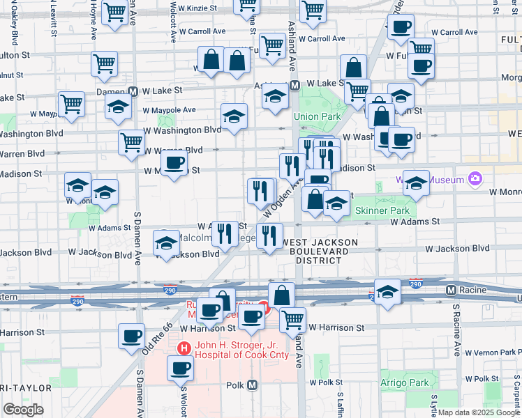 map of restaurants, bars, coffee shops, grocery stores, and more near 105 South Paulina Street in Chicago