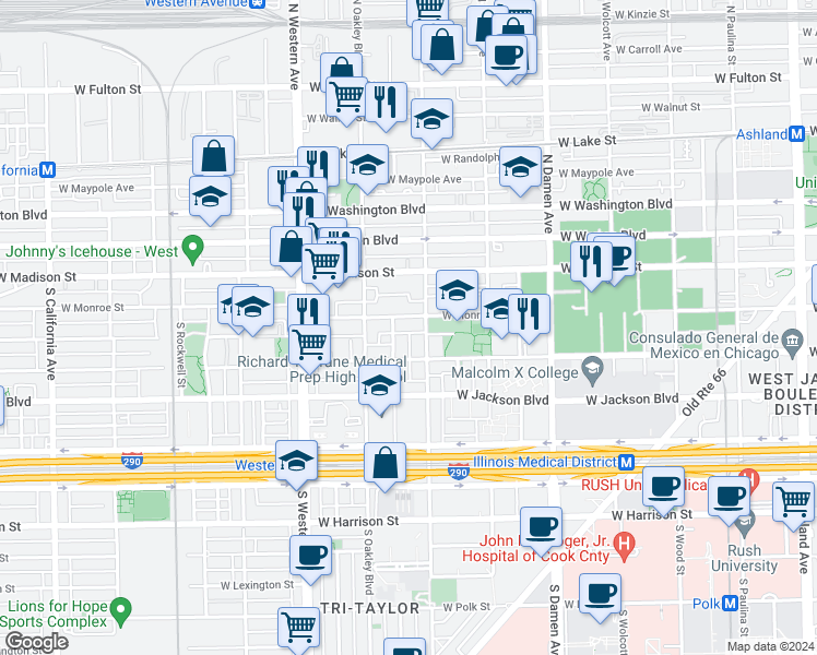 map of restaurants, bars, coffee shops, grocery stores, and more near 2222 West Monroe Street in Chicago