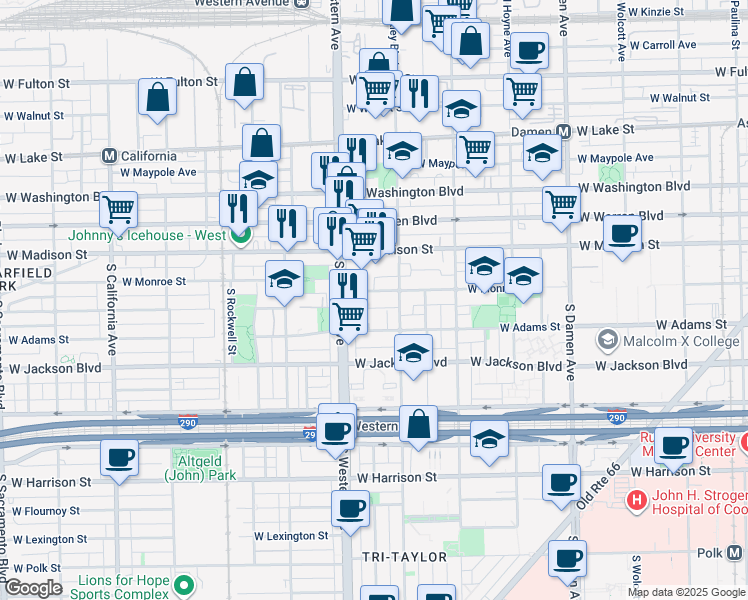 map of restaurants, bars, coffee shops, grocery stores, and more near 2332 West Monroe Street in Chicago