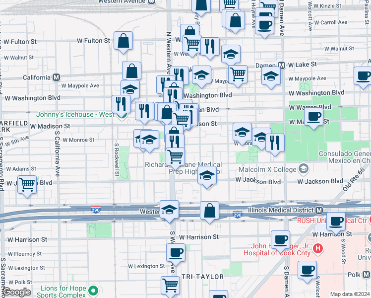 map of restaurants, bars, coffee shops, grocery stores, and more near 2332 West Monroe Street in Chicago