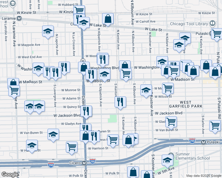 map of restaurants, bars, coffee shops, grocery stores, and more near 4613 West Madison Street in Chicago