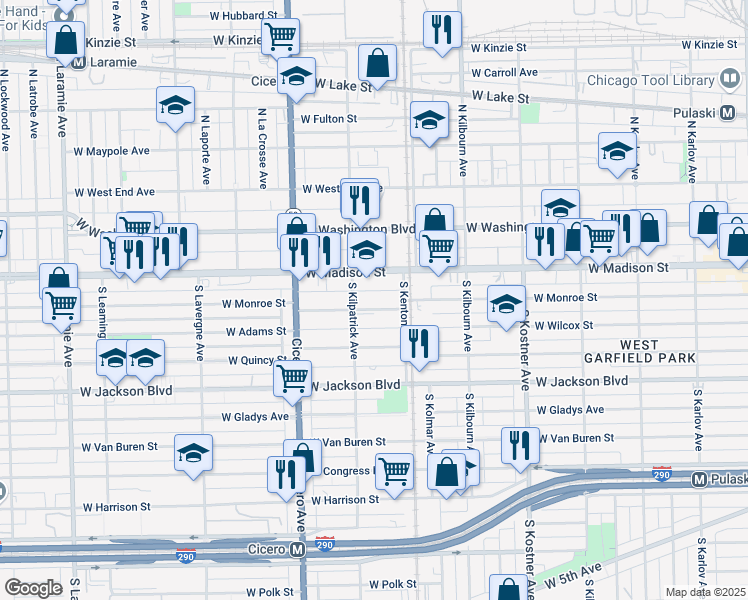 map of restaurants, bars, coffee shops, grocery stores, and more near 21 South Kilpatrick Avenue in Chicago