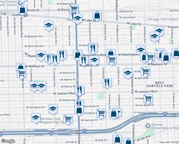 map of restaurants, bars, coffee shops, grocery stores, and more near 21 South Kilpatrick Avenue in Chicago