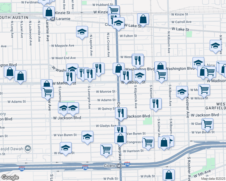 map of restaurants, bars, coffee shops, grocery stores, and more near 8 South Cicero Avenue in Chicago