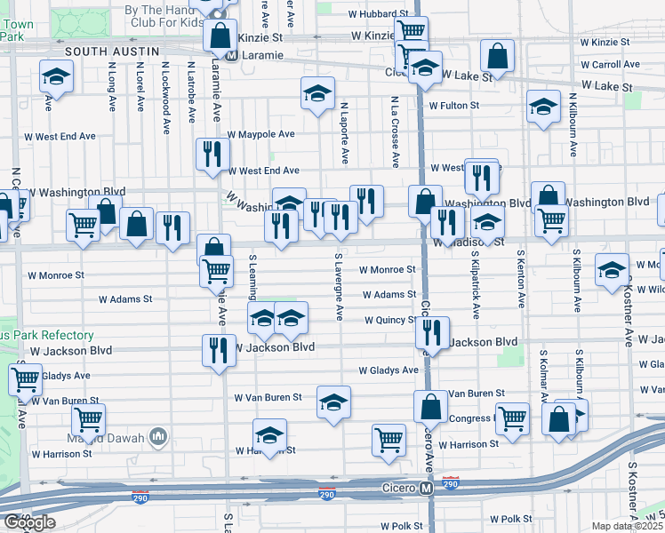 map of restaurants, bars, coffee shops, grocery stores, and more near 5001 West Madison Street in Chicago