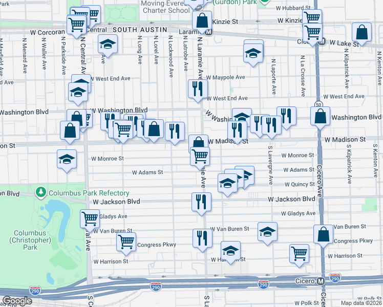 map of restaurants, bars, coffee shops, grocery stores, and more near 5219 West Madison Street in Chicago