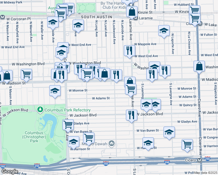 map of restaurants, bars, coffee shops, grocery stores, and more near 5333 West Madison Street in Chicago