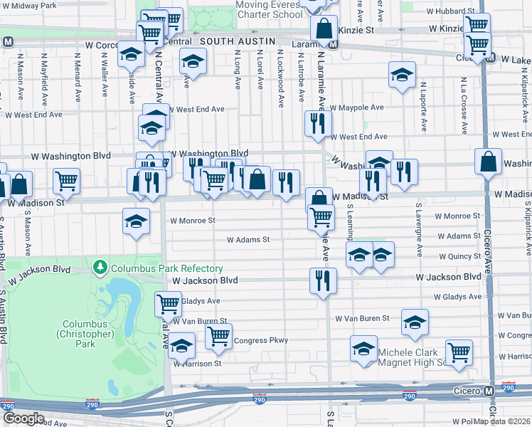 map of restaurants, bars, coffee shops, grocery stores, and more near 5333 West Madison Street in Chicago