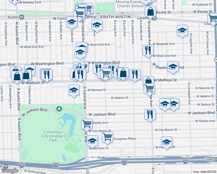 map of restaurants, bars, coffee shops, grocery stores, and more near 5451 West Madison Street in Chicago