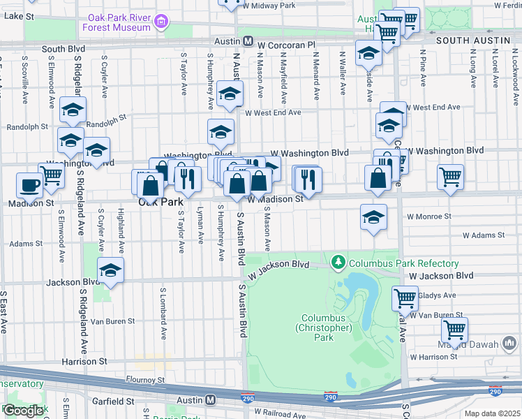 map of restaurants, bars, coffee shops, grocery stores, and more near in Oak Park