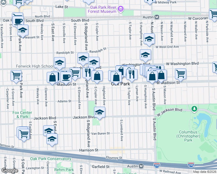 map of restaurants, bars, coffee shops, grocery stores, and more near 238 Madison Street in Oak Park
