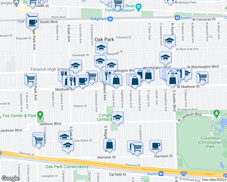map of restaurants, bars, coffee shops, grocery stores, and more near 306 Madison Street in Oak Park