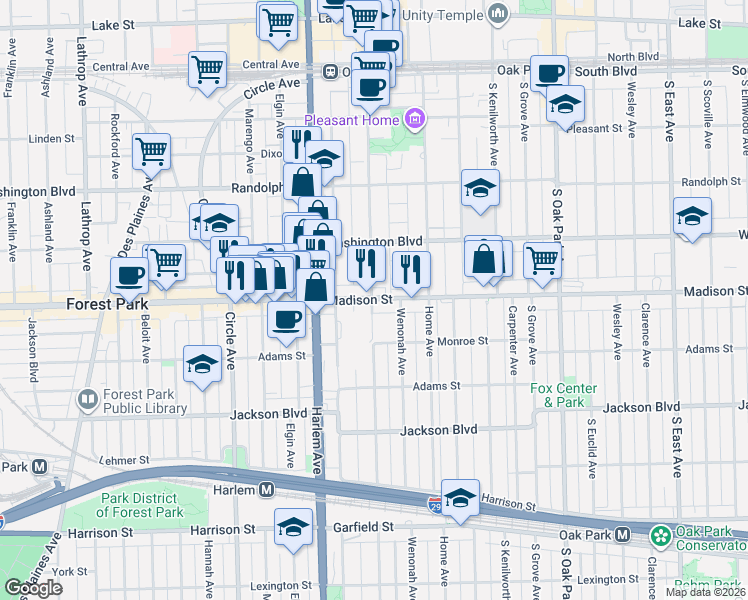 map of restaurants, bars, coffee shops, grocery stores, and more near 1100 Madison Street in Oak Park