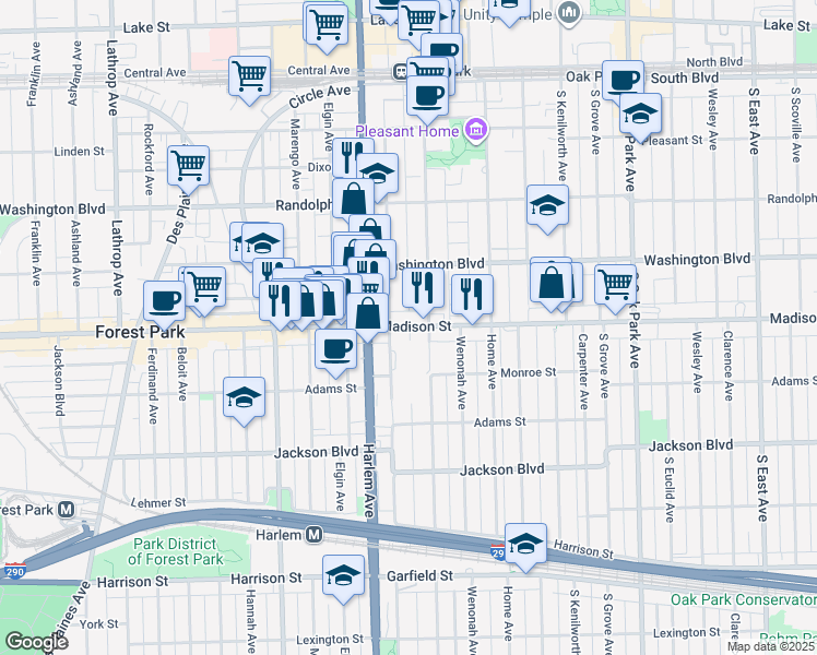 map of restaurants, bars, coffee shops, grocery stores, and more near 1100 Madison Street in Oak Park