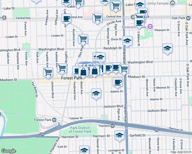 map of restaurants, bars, coffee shops, grocery stores, and more near 7407 Madison Street in Forest Park