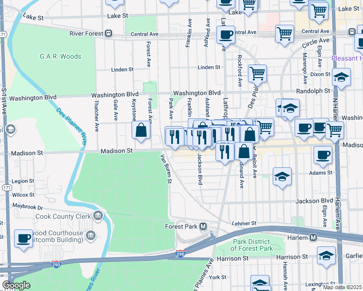 map of restaurants, bars, coffee shops, grocery stores, and more near 17 Park Avenue in River Forest