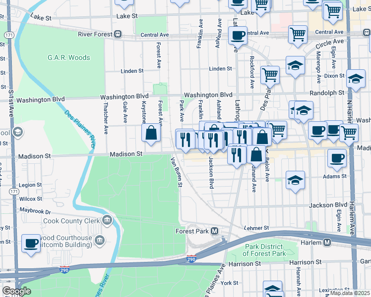 map of restaurants, bars, coffee shops, grocery stores, and more near 17 Park Avenue in River Forest