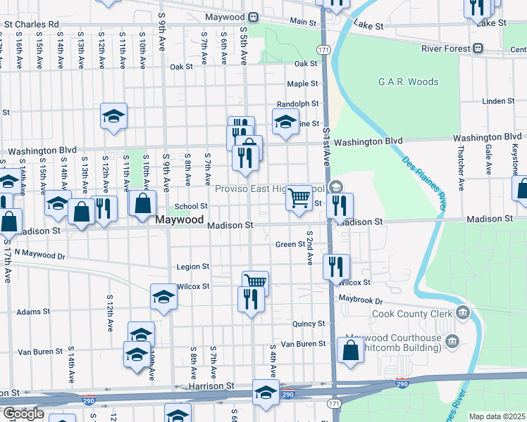 map of restaurants, bars, coffee shops, grocery stores, and more near 815 South 5th Avenue in Maywood