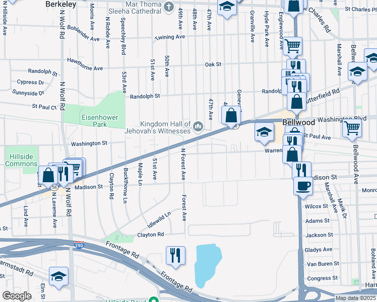 map of restaurants, bars, coffee shops, grocery stores, and more near 4349 Butterfield Road in Hillside
