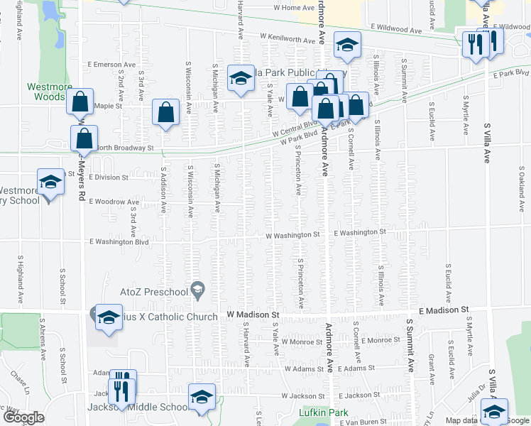 map of restaurants, bars, coffee shops, grocery stores, and more near 506 South Yale Avenue in Villa Park