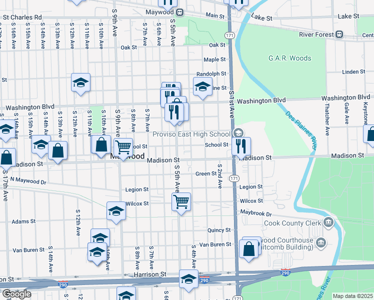 map of restaurants, bars, coffee shops, grocery stores, and more near 815 South 5th Avenue in Maywood