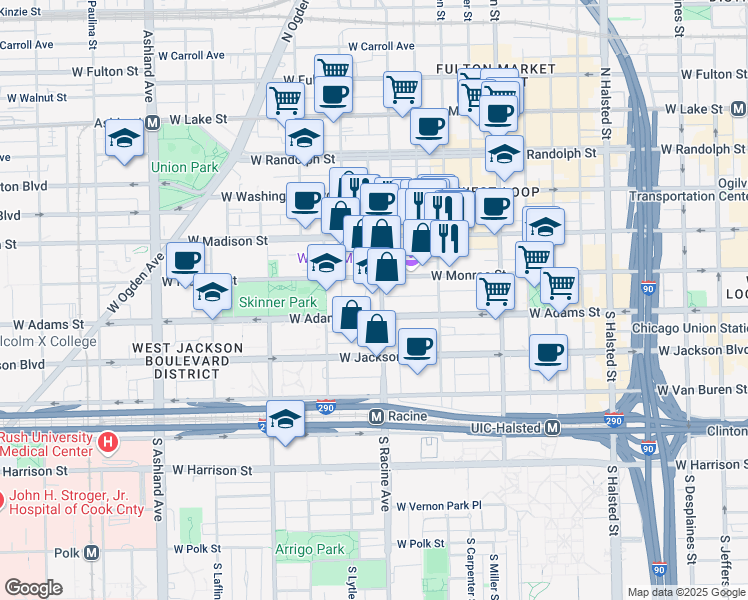 map of restaurants, bars, coffee shops, grocery stores, and more near 114 South Racine Avenue in Chicago