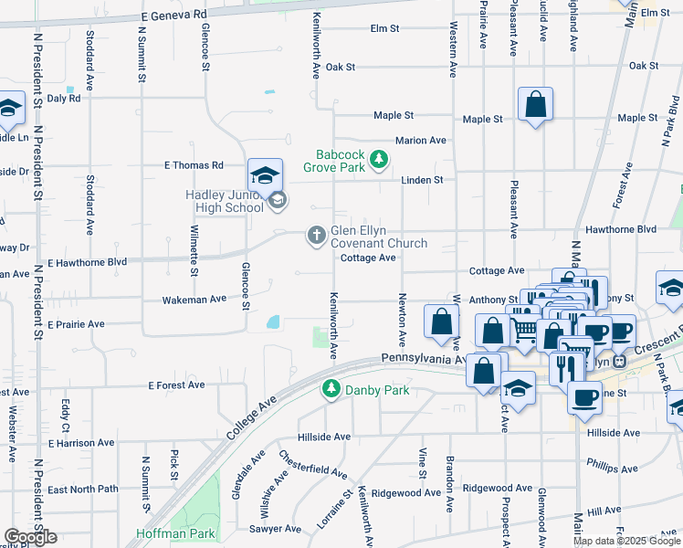 map of restaurants, bars, coffee shops, grocery stores, and more near 566 Kenilworth Avenue in Glen Ellyn