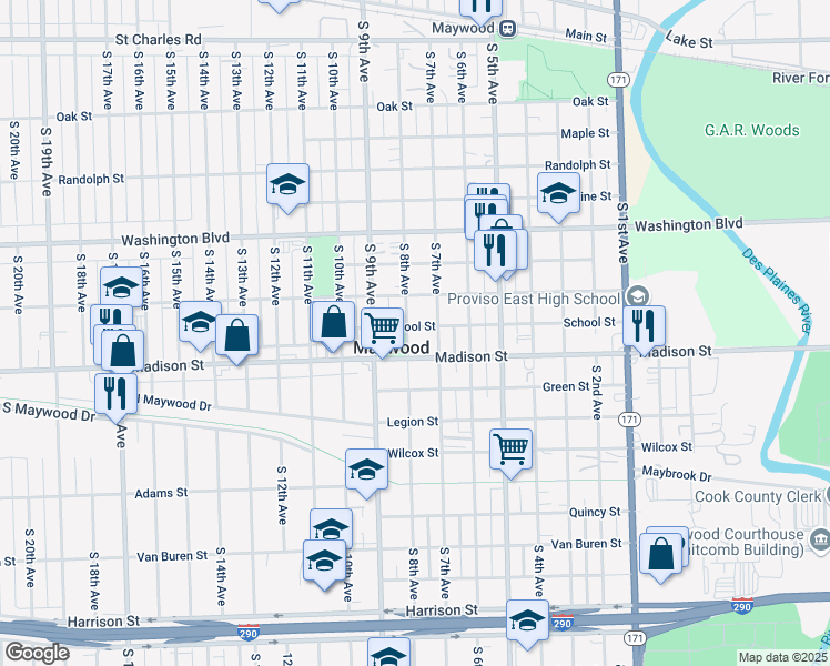 map of restaurants, bars, coffee shops, grocery stores, and more near 901 South 8th Avenue in Maywood