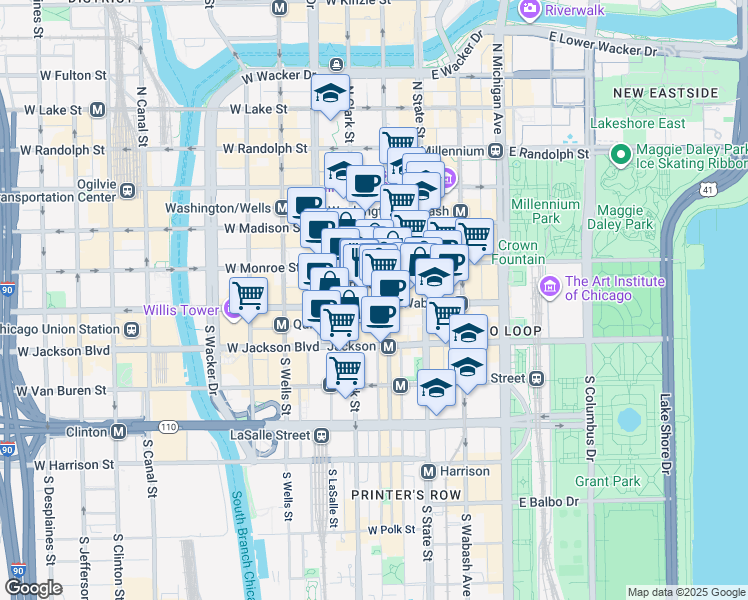 map of restaurants, bars, coffee shops, grocery stores, and more near 60 West Adams Street in Chicago
