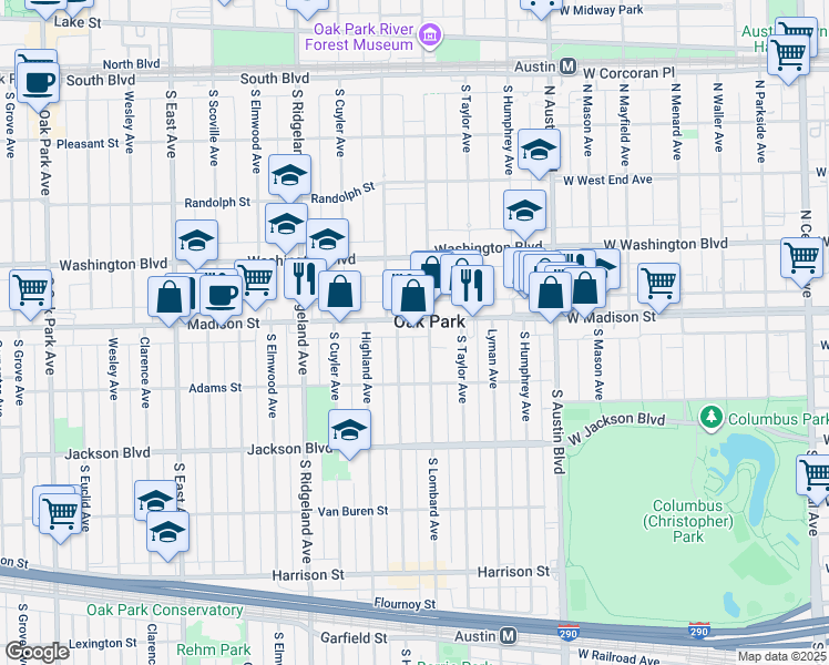 map of restaurants, bars, coffee shops, grocery stores, and more near 201 Madison Street in Oak Park