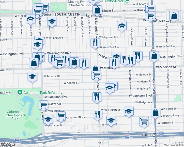 map of restaurants, bars, coffee shops, grocery stores, and more near 5219 West Madison Street in Chicago