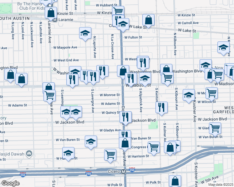 map of restaurants, bars, coffee shops, grocery stores, and more near 8 South Cicero Avenue in Chicago