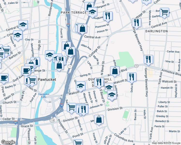 map of restaurants, bars, coffee shops, grocery stores, and more near 84 Spring Street in Pawtucket