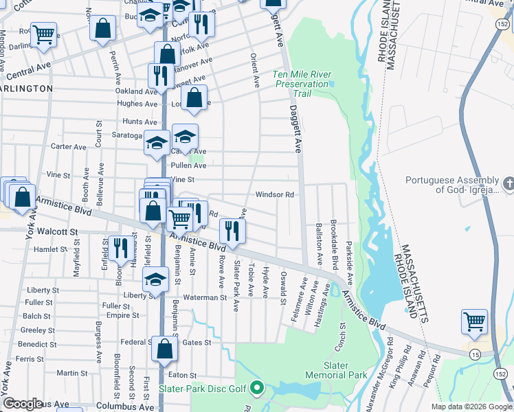 map of restaurants, bars, coffee shops, grocery stores, and more near 67 Windsor Road in Pawtucket